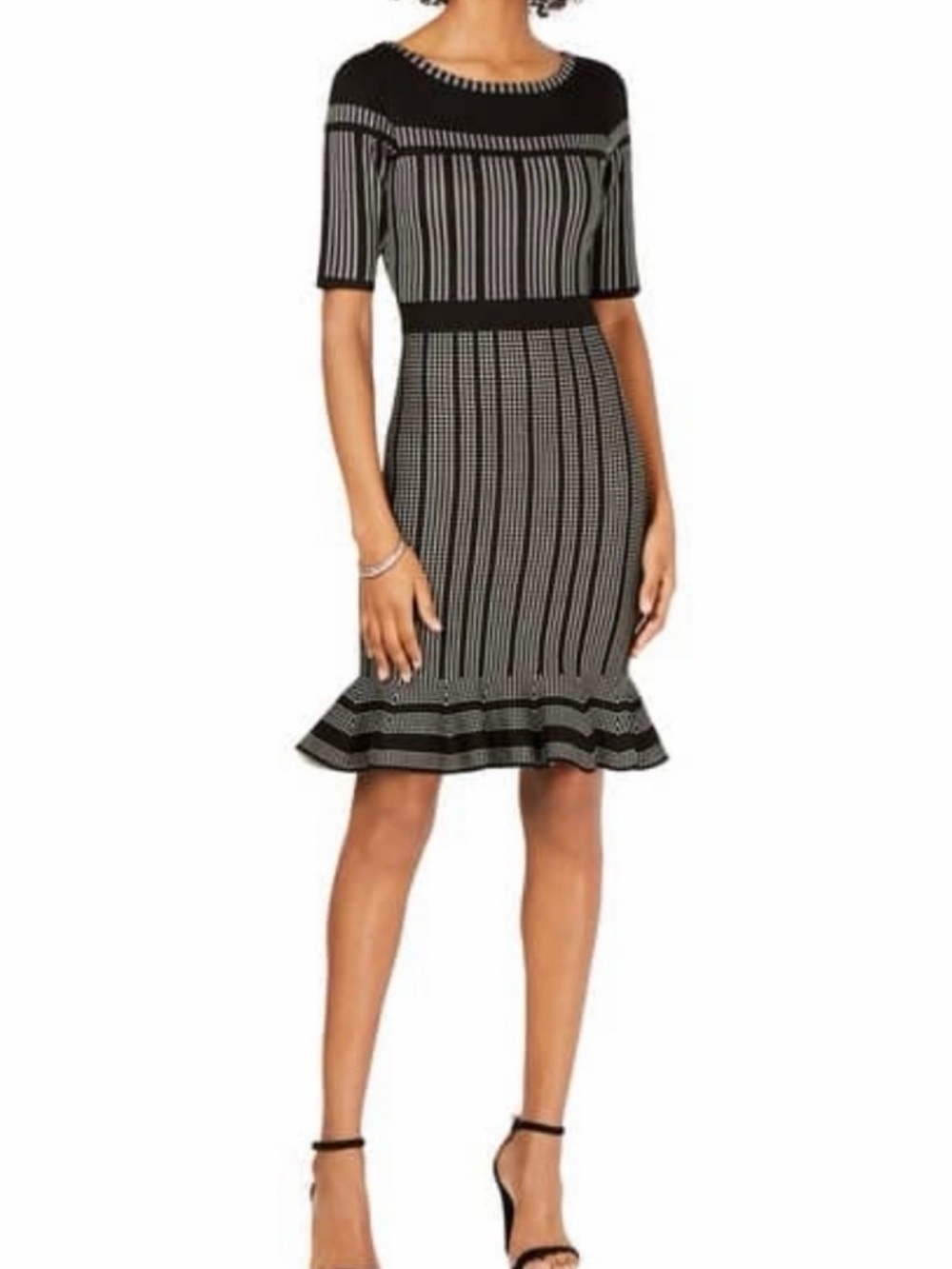 Taylor Black and White Striped Knit Midi Dress